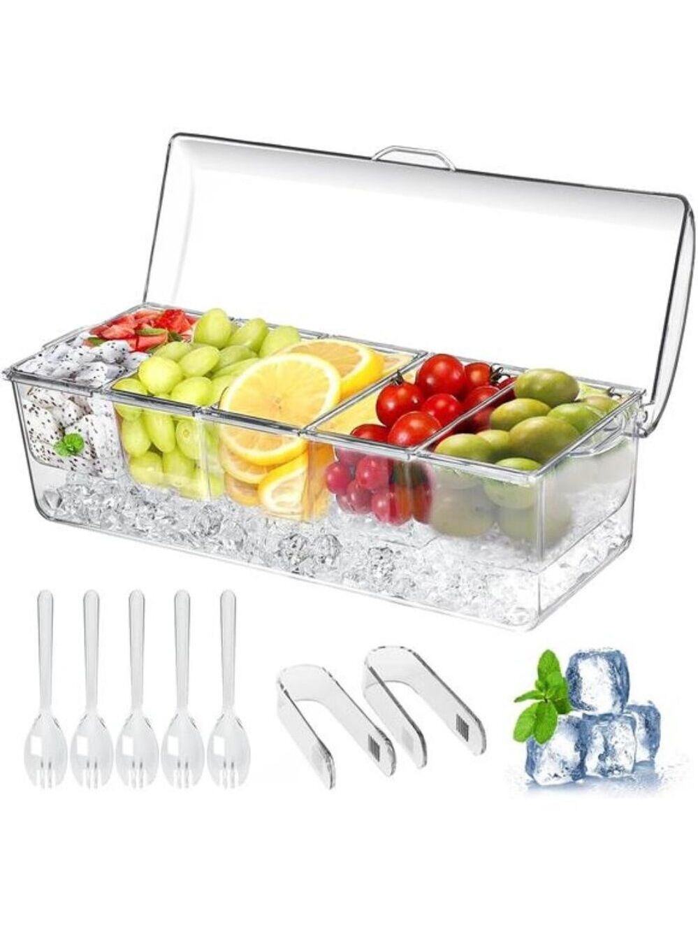 Large Ice Chilled Condiment Caddy Bar Serving Tray Removable Compartments Party